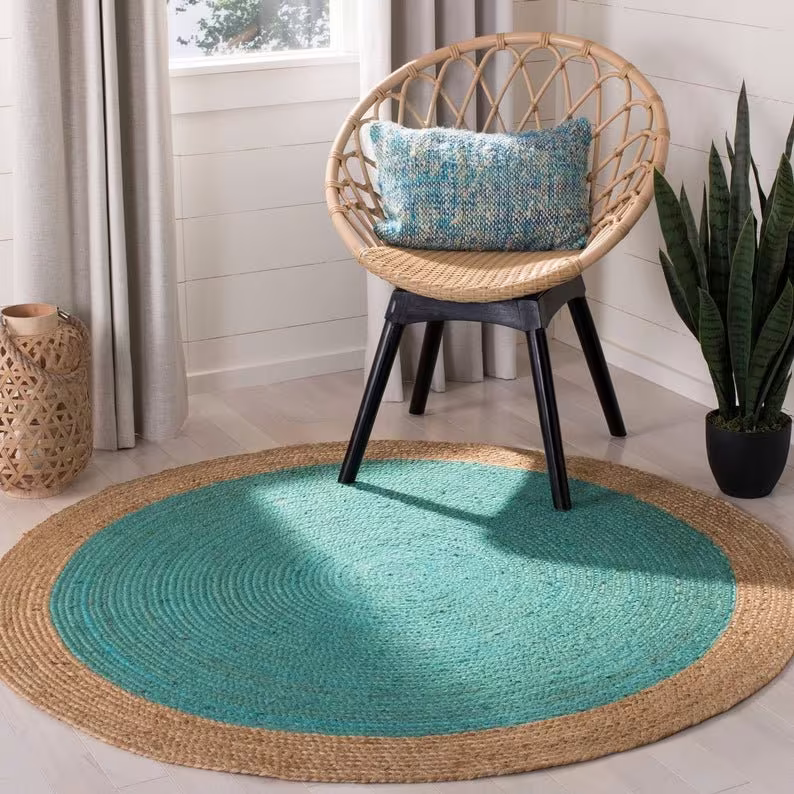 Handmade Jute Rug Round Green Color, Boho Rug, 90cm/120cm/150cm, Eco-Friendly Home Living, Housewarming Round Gift, Pet Friendly