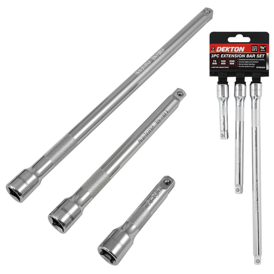 3pc Socket Extension Bar Set 3/8 Ratchet Drive 75, 150 & 250mm Long Tool