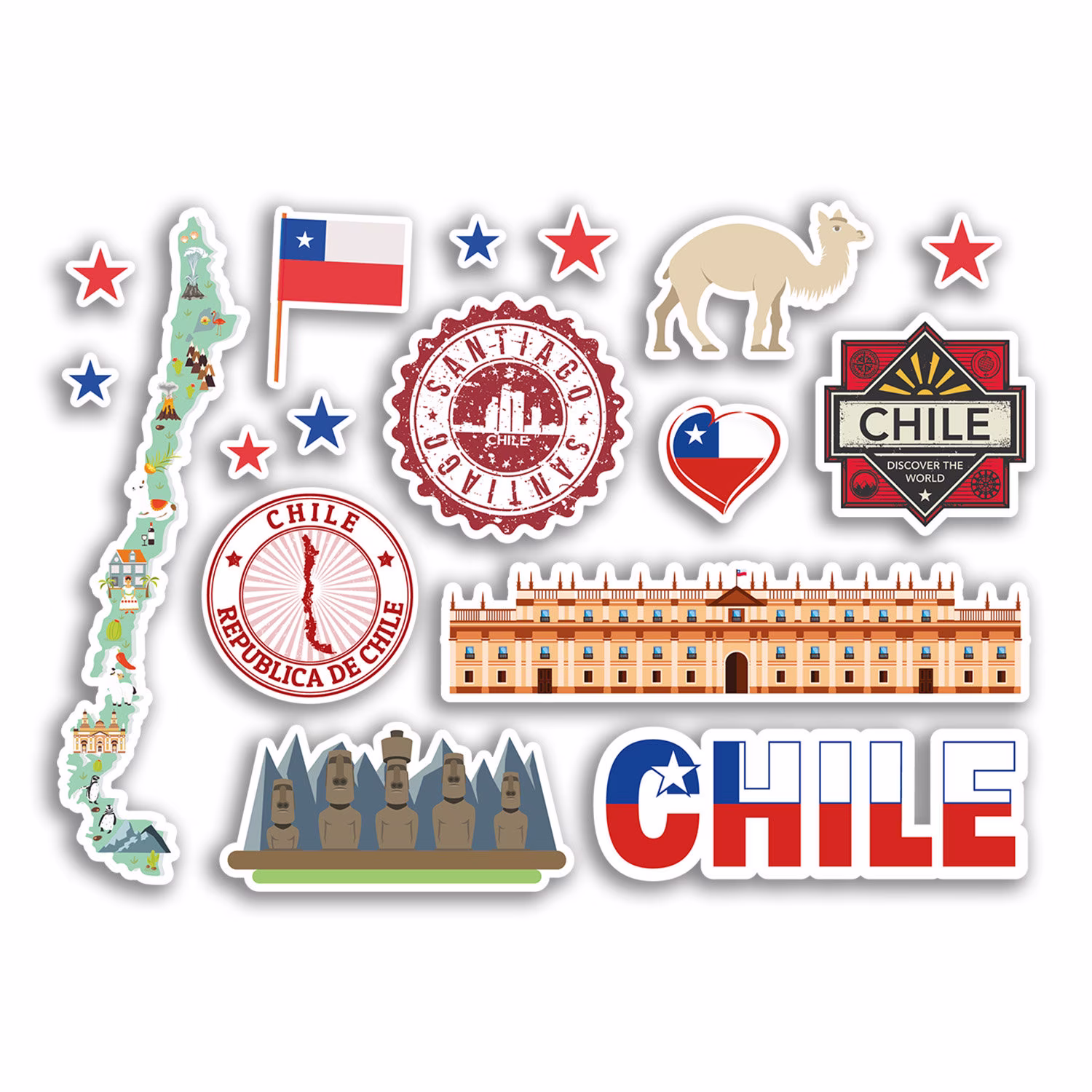 A5 Sticker Sheet Chile Landmarks Vinyl Stickers - South America Map Airport Stamps Skyline Flag Travel Holiday Culture City Aesthetic #78480