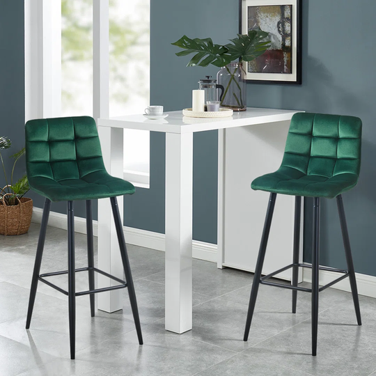 Set Of 2 High Barstools With Blue Velvet Covered Backrest And Metal Footrest,seat High 75cm