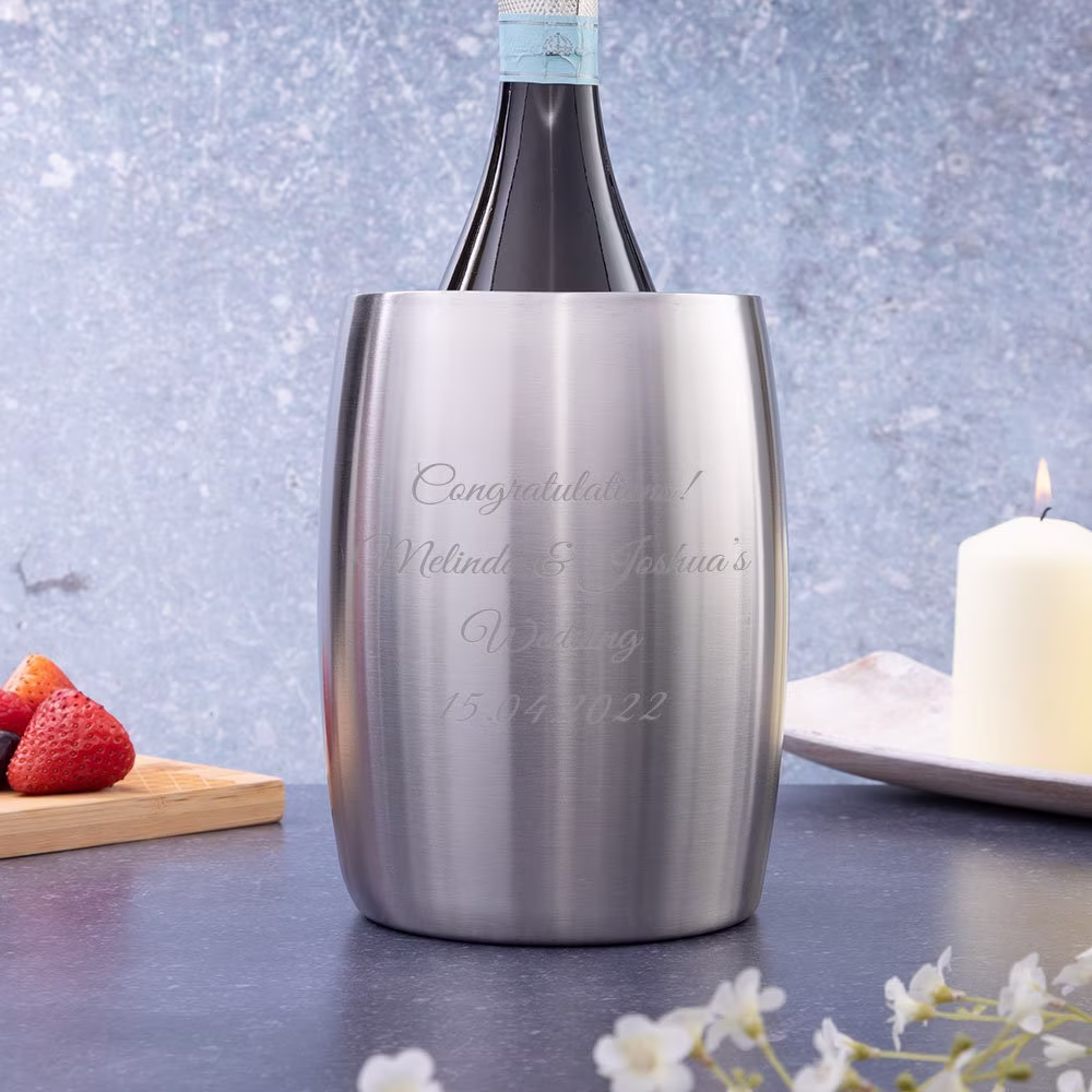 Personalised Brushed Steel Double Wall Wine Bottle Cooler - Engraved With Your Custom Text