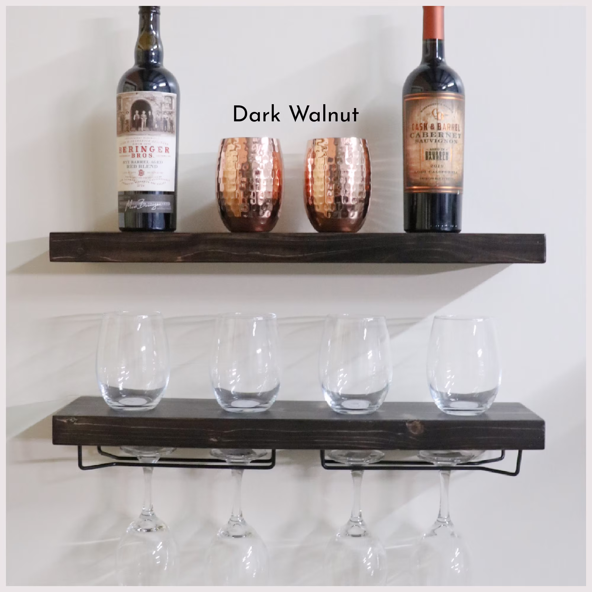 Modern Rustic Floating Wine Rack Shelf, & Liquor Storage, Wall Mounted Wood Glass Rack, Bar Shelves, Set Of 2, Dark Walnut