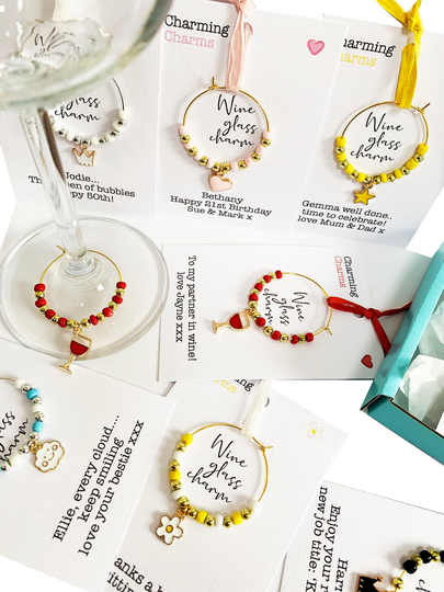 Set Of 6 Charming Charms Gorgeous Handmade Enamel Wine Charms. Different Designs. Personalised Gift Card