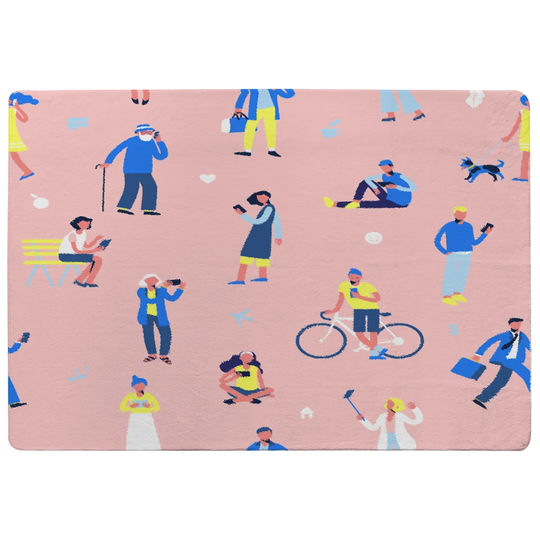 Ellington Different People with Mobile Phones and Gadgets Designer Shaggy Pink/Blue Rug