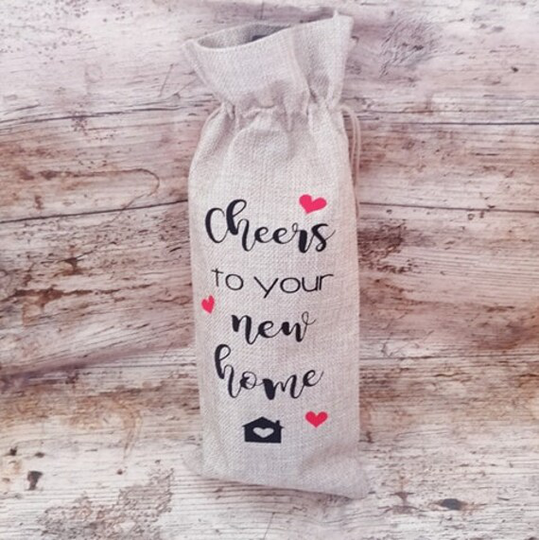 New Home - Burlap/ Jute Wine Bottle Gift Bag Can Be Personalised Drawstring 3 Colours Available New Home Couple