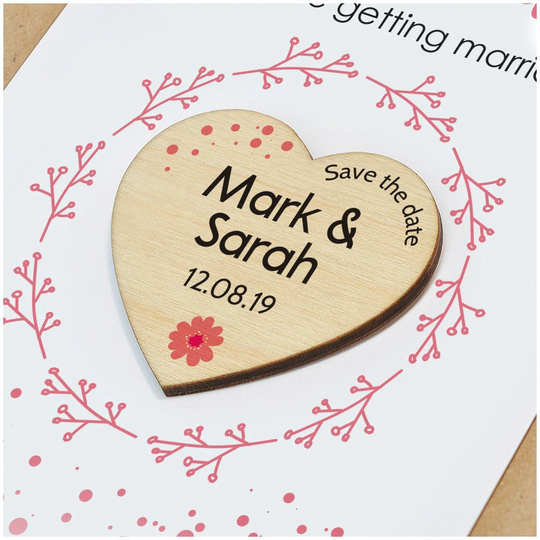 Wooden Save The Date Magnets - Personalised Card With Fridge Magnet Pink Floral Wreath Dates Wedding Invitations