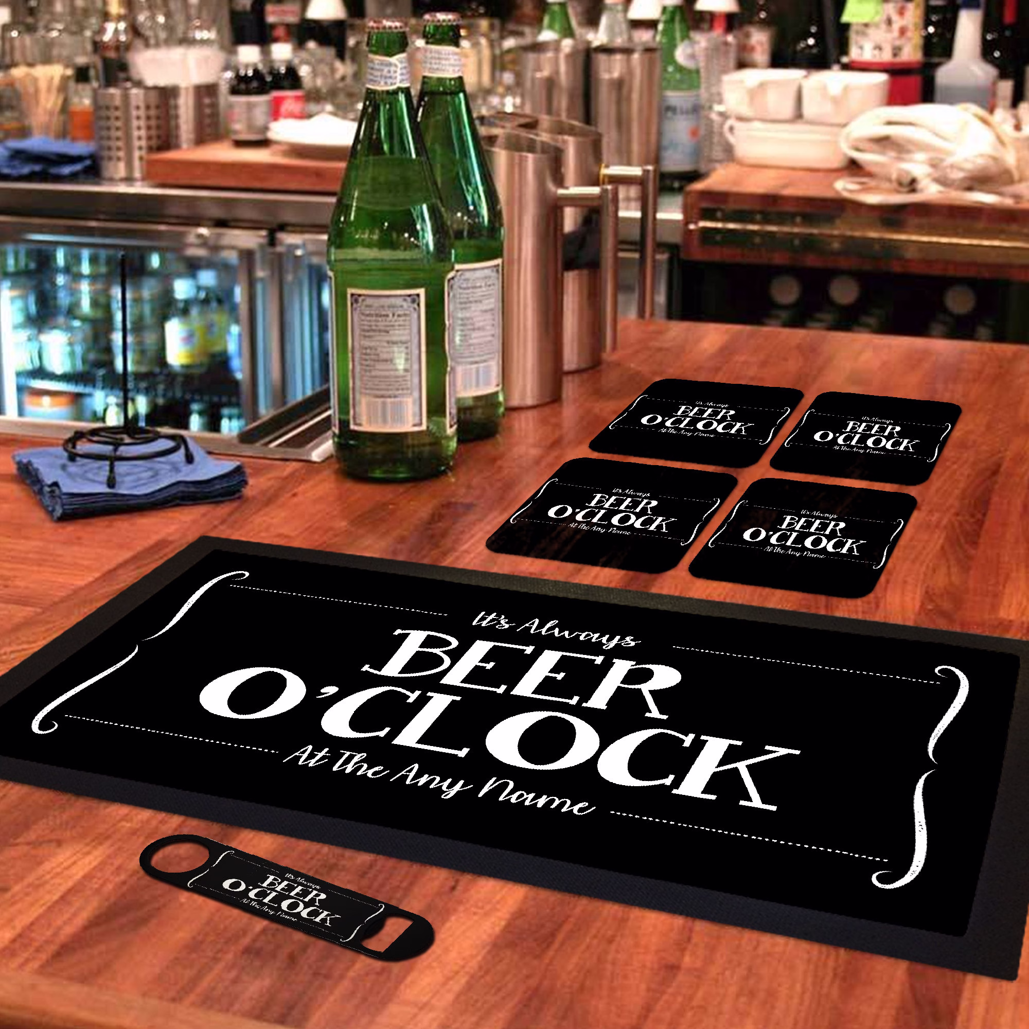 Personalised Bar Runner Mat, Matching Bottle Opener & 4 X Drinks Coasters Gift Set|Accessories For Home Bars|Brs-A1267-1|Add Any Name/Text