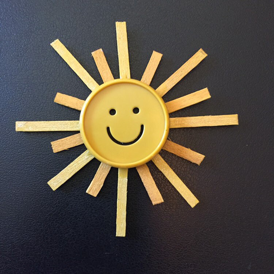 Refrigerator Magnet, Sun Sunshine, Coffee Stirrers, Yellow, Kitchen Desk Accessory, Handmade, Smile Face
