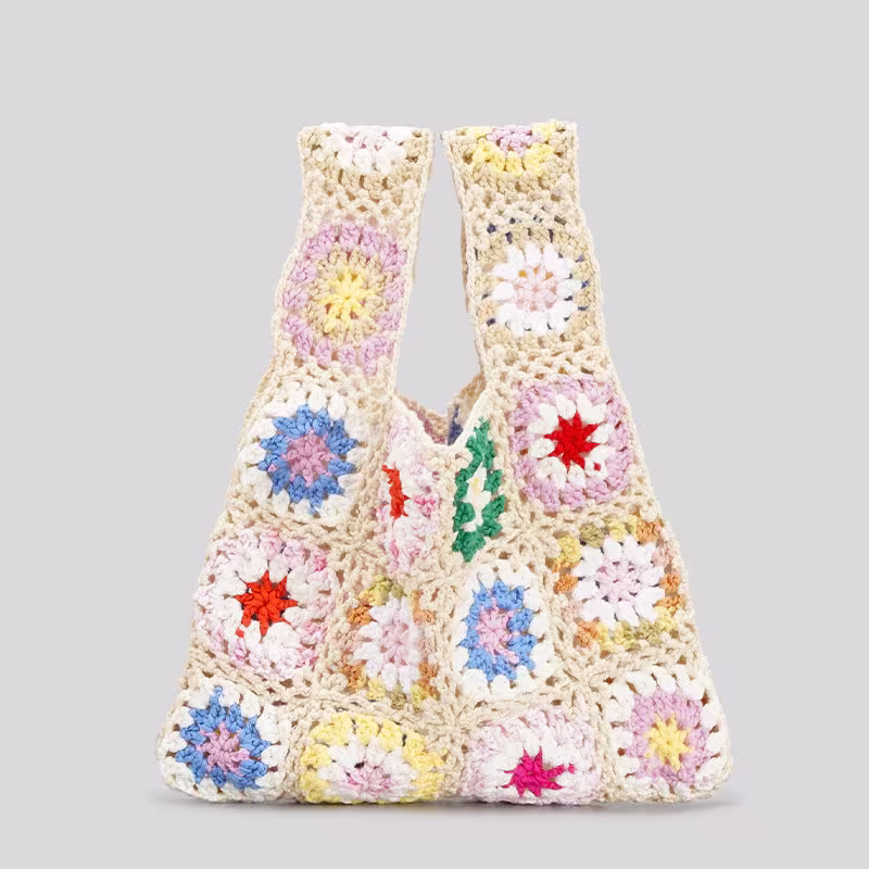 Floral Bohemian Knitted Travel Mesh Bag | New Crochet Pattern Ideas Boho Dream Clothing Bags Women's Over Shoulder Gifts
