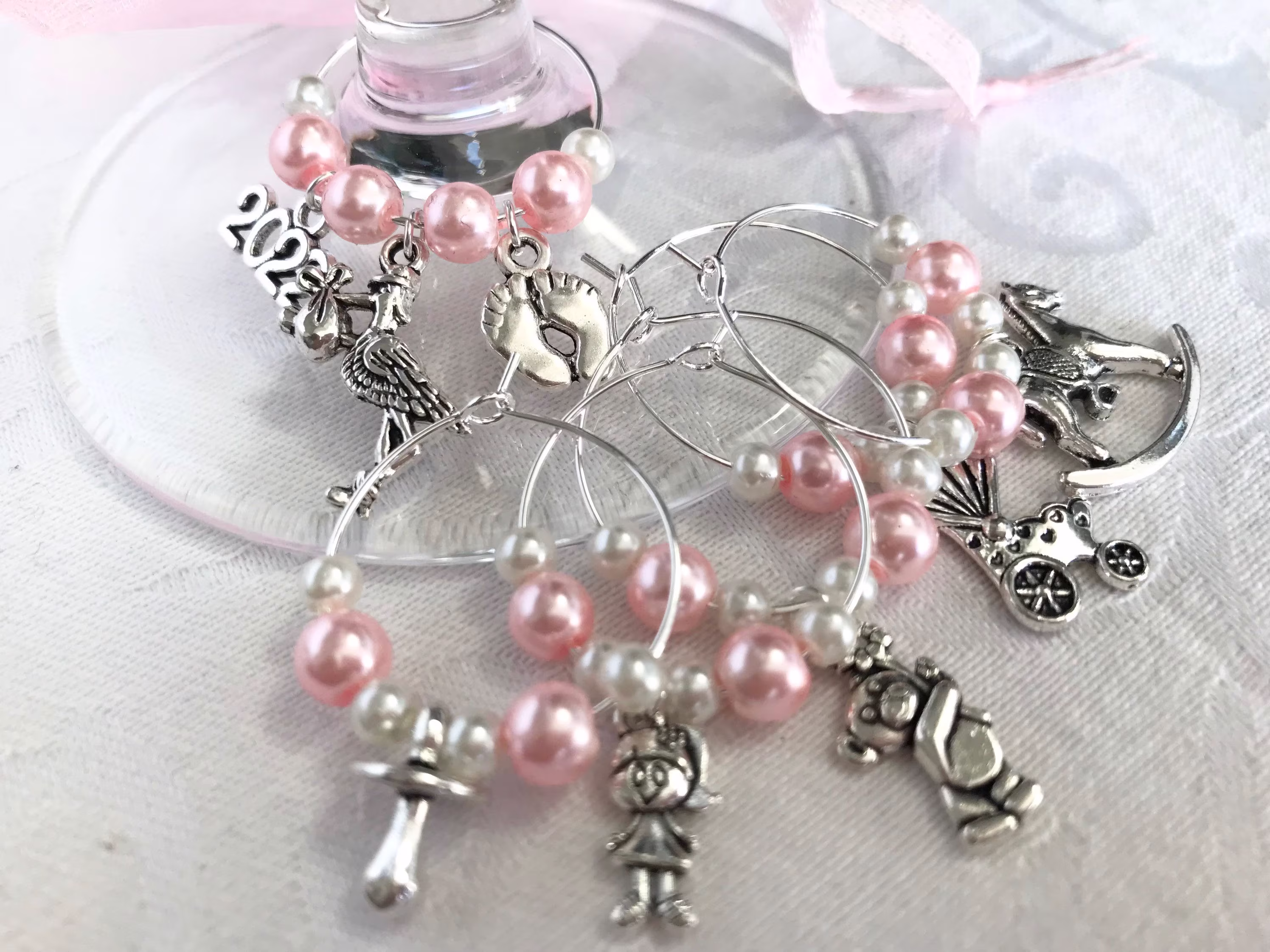 Baby Shower Wine Glass Charms 6 Or 10 Mixed Charms Pink