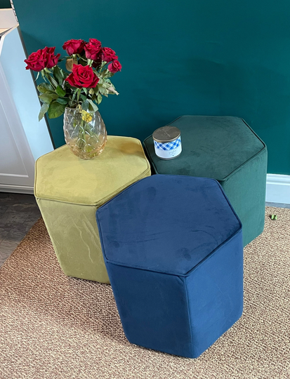 Geometric Hexagon Footstool- Velvet Vanity Seat - Fabric Stool Warwick Fabrics Indigo Navy Nesting Footstool Ottoman Bar