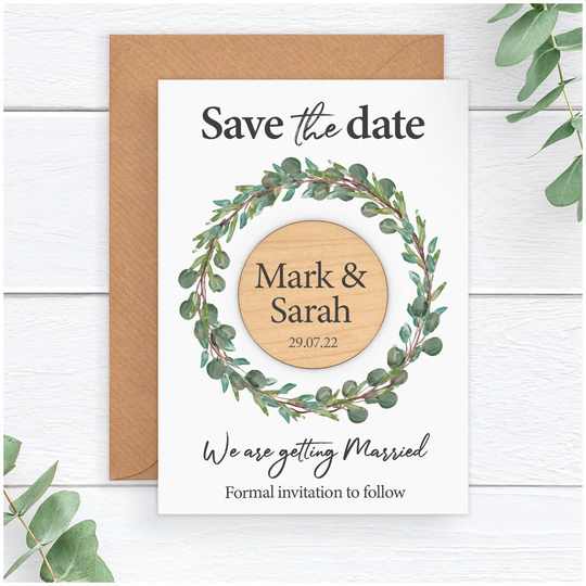 Wreath Save The Date Card Magnet Envelope - Personalised Rustic Wooden Fridge Magnets Spring Summer Boho Dates