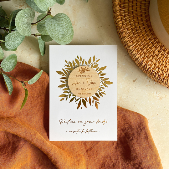 Fern Save The Date, Wooden Date Magnet, Botanical Date, Rustic Dates, Boho Wedding Woodland