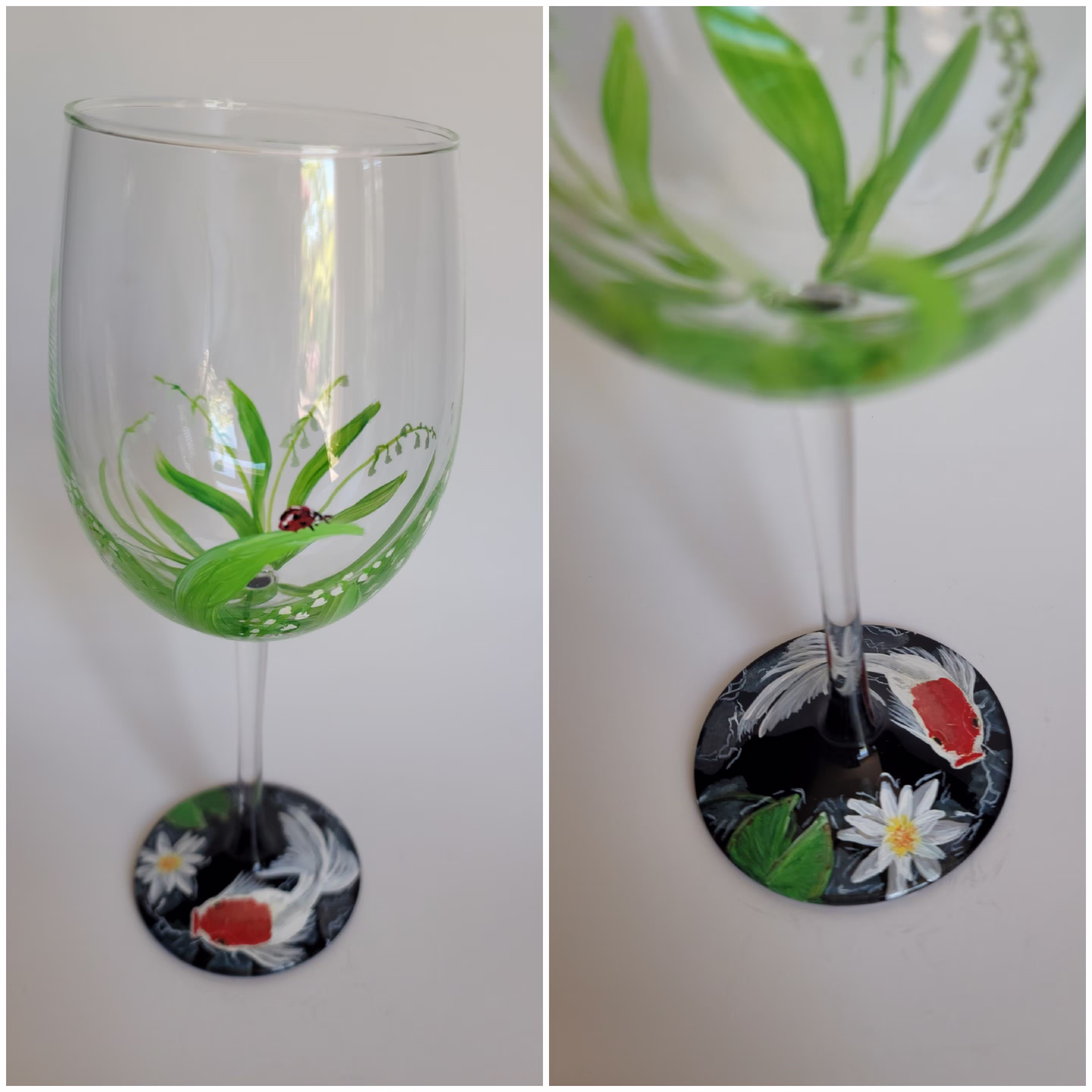 Hand Painted Goldfish & Ladybug Wine Glass/Unique Gift