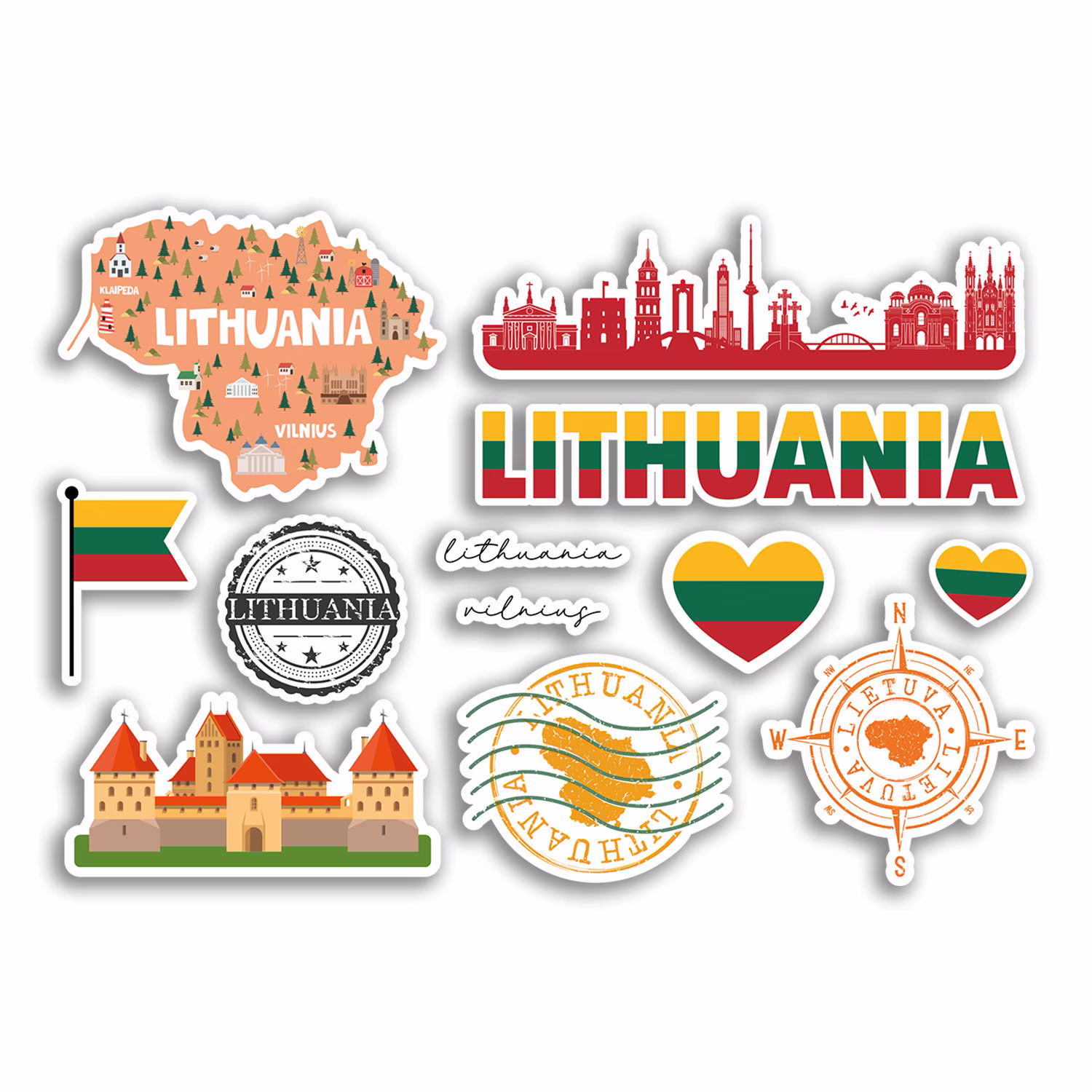 A5 Sticker Sheet Lithuania Landmarks Vinyl Stickers - Europe Map Airport Stamps Skyline Flag Travel Holiday Culture City Aesthetic #78467