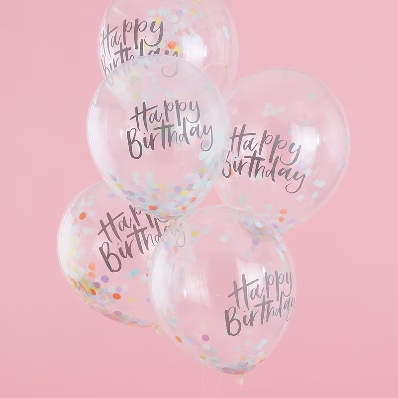 5 Happy Birthday Confetti Balloons, Pastel Party Decorations, Balloons