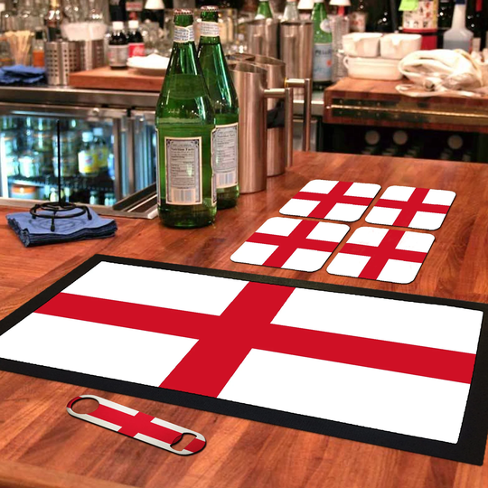 England Flag Bar Runner Mat, Matching Bottle Opener & 4 X Drinks Coasters English Gift Set For Home Bars Man Cave Football Fans