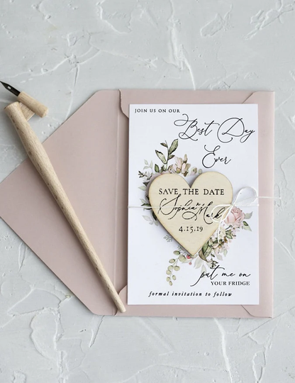 Romantic Wedding Save The Date Cards, Wood Heart Magnet, Pink Rustic Dates With Flower Graphic, Floral Set Of 20
