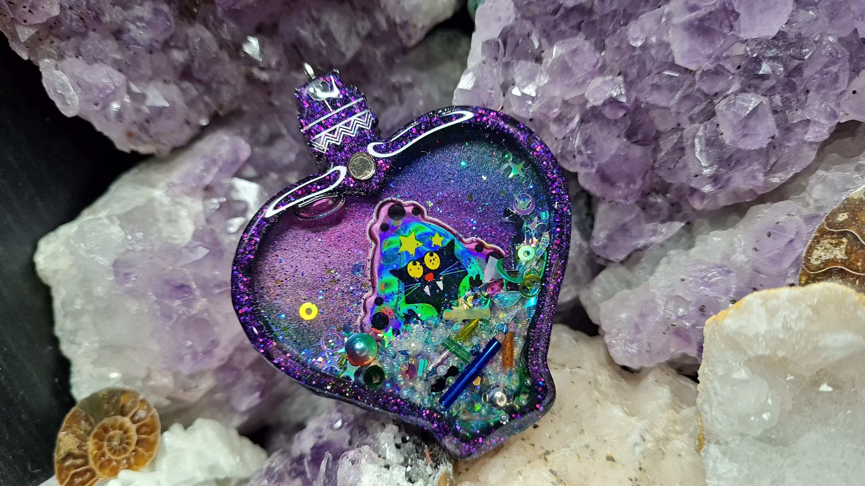 Spoopy Black Kitty Fragrance Bottle Snowglobe Keyring, Necklace, Pendant