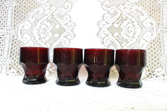 Vintage 4 Ruby Red Glass Tumblers, Georgian Honeycomb Heavy Glasses, 6 Oz Glasses, Liquor Glasses 3.25