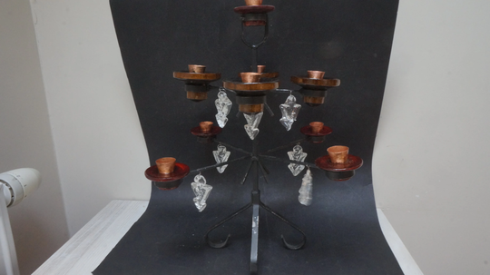 Black Wrought Iron With Glass Charms Pendants Candle Holder, Scandinavian Swedish Vintage Candleholder Candlestick Art Candelabra Metal