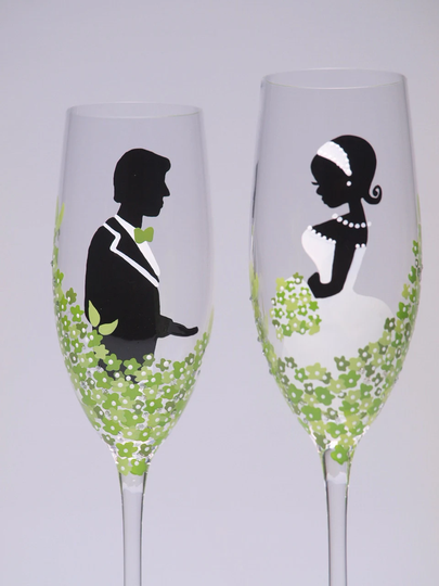 Hand Painted Wedding Toasting Flutes Set Of 2 Personalized Champagne Glasses Groom & Bride Loving Green