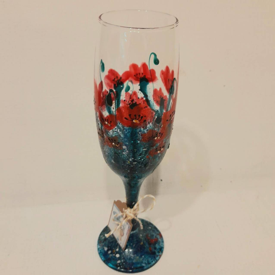 Poppy Parade, Champagne Flute Hand Painted Glass | Can Be Personalised For Free Unique, Perfect Gift To Order Her Him