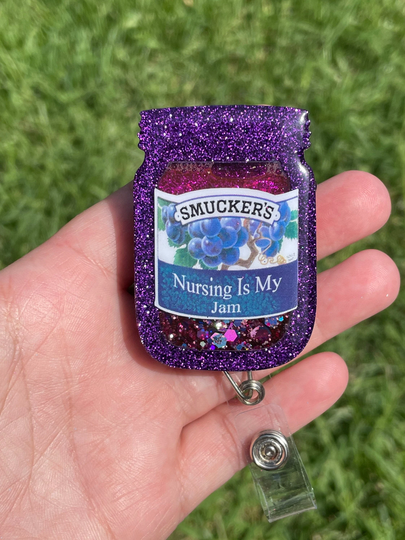Jelly Jar Badge Reel || Nurse Water Med Student Rn Lvn Tech Shaker Jam Glitter Resin