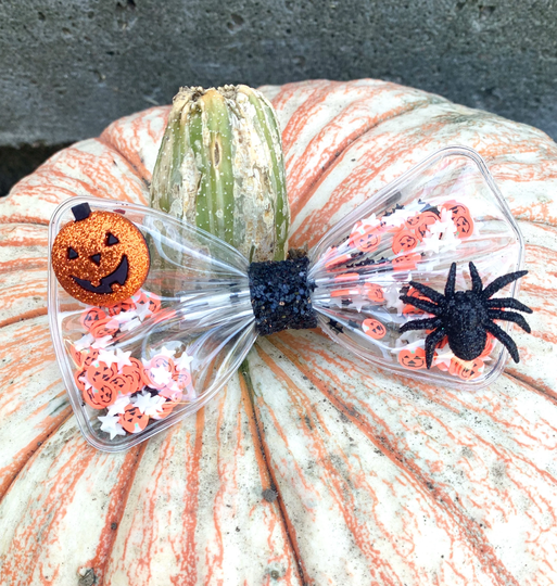 Glow in The Dark, Halloween Bows, Shaker Clear Hair Polymer Clay Sprinkle 4 Inch Bow, Bows For Girls, Pumpkin