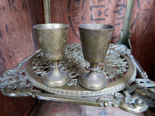 Tiny Brass Goblets, Golden Goblet, Small Shot Vintage Engraved Etched Gold Challis, Cup, Gift