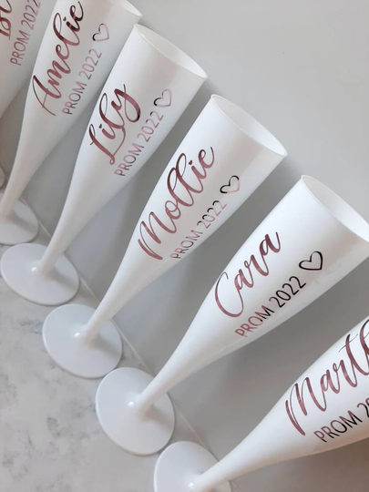 Personalised White Champagne Flute - Name On Glass Prom Gifts Bridesmaid Gift -Plastic Flutes Leavers