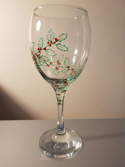 Hand Painted Wine Glass With Holly Design