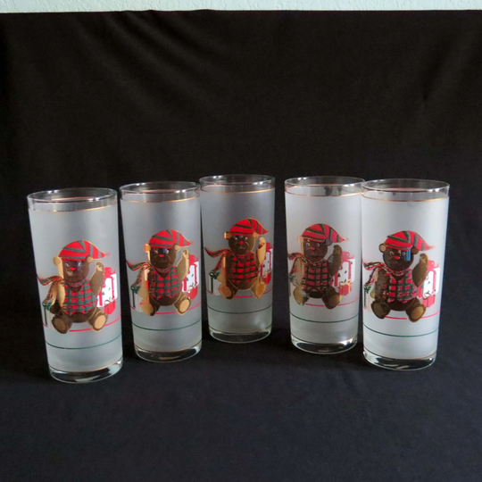 Culver Frosted Christmas Teddy Bear High Ball Drink Glasses - Lot/5 6 3/8