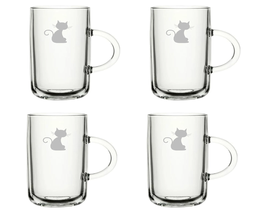 Cat Set Of 4 Tea Glasses Mug Coffee Glass - Hand Etched Glass.150