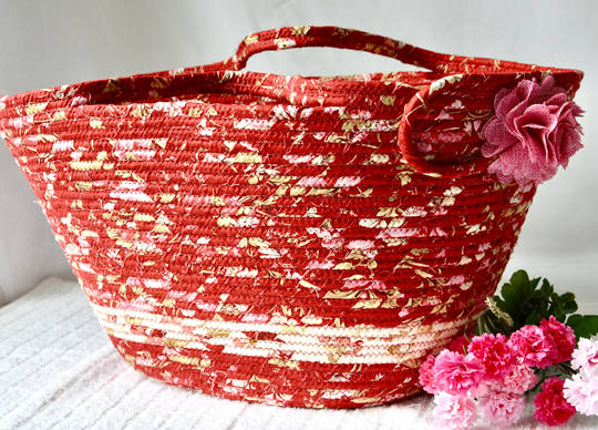 Beautiful Tote Bag, Shabby Chic Basket, Pretty Laptop Case, Handmade Wine Caddy, Bathroom Towel Holder, Cherry Red Floral Yarn Holder