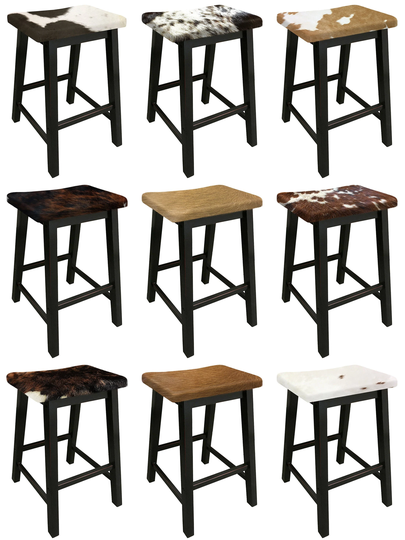 Bar Stool Authentic Cowhide Covered Cushioned Saddle Seat Style Black Finish Wood Custom Height 24" Or 29