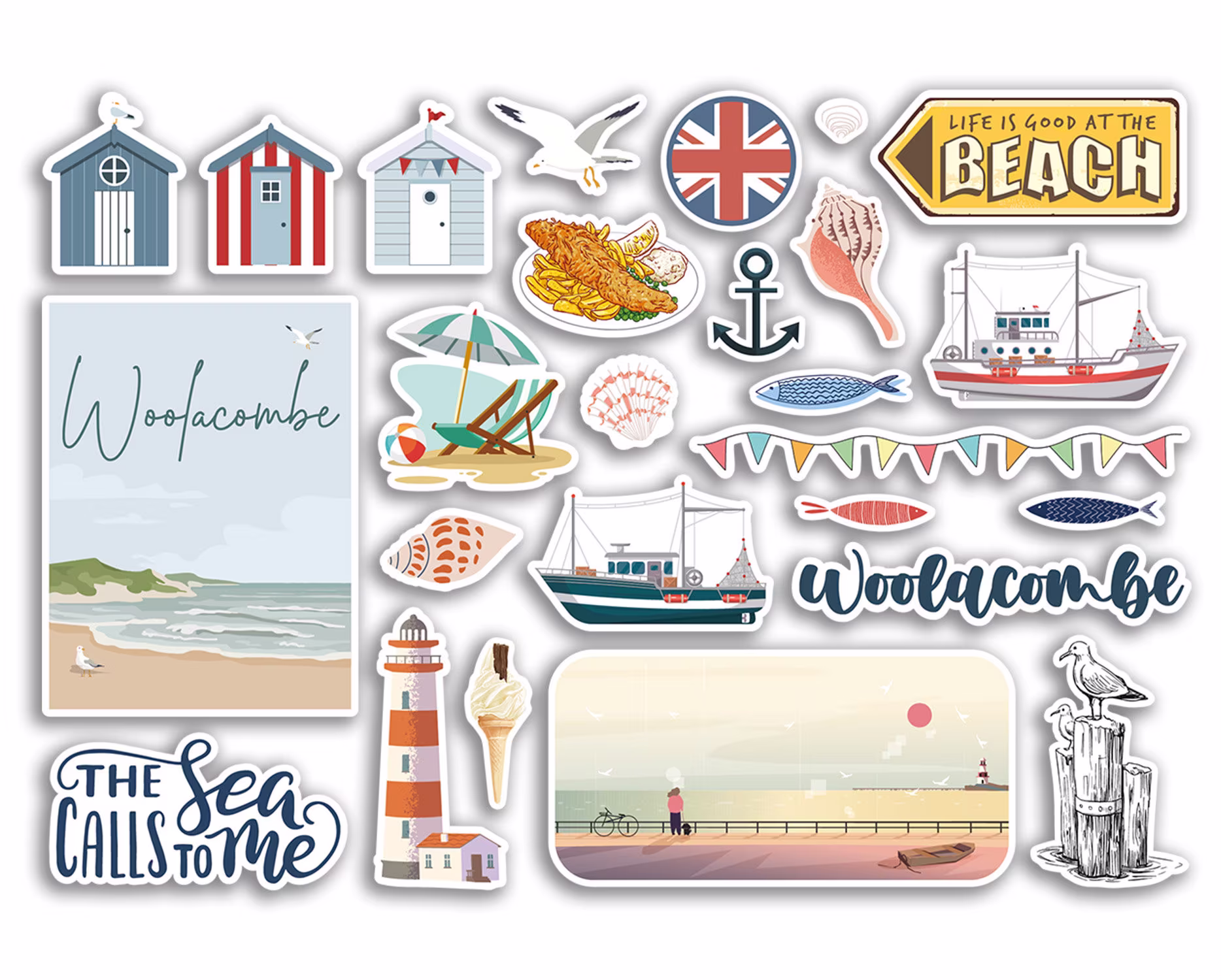 A5 Sticker Sheet Woolacombe Vinyl Stickers - Beach Seaside British England Coast Ocean Boat Flag Travel Holiday Scrapbook Aesthetic #79094