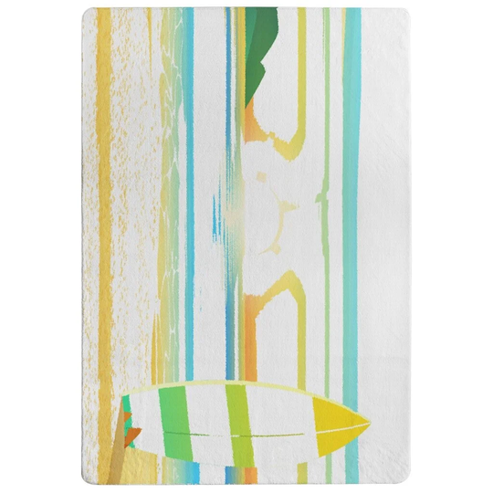 Orman Surf Board on Beach Designer Shaggy Yellow/Green/Blue Rug