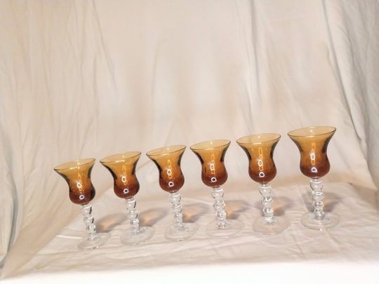 Vintage Crystal Liqueur Glasses With Amber Tulip Flute; Set Of 6
