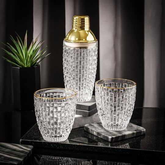 Cocktail Shaker & Glass Tumbler Set in Gold, Rose Gold & Silver