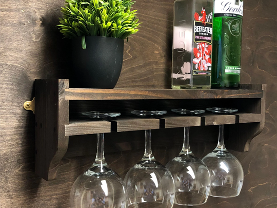 Rustic Wooden Gin Shelf To Hold 4 Glasses/Bottles - Wall Mounted Display Home Bar Man Cave She | Gs-Do | Em