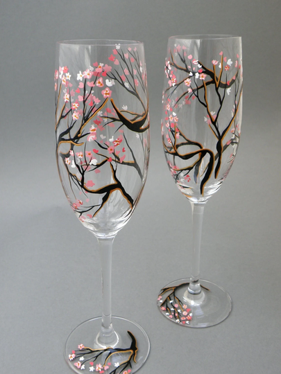 Hand Painted Wedding Glasses Personalized Flutes Sakura Tree