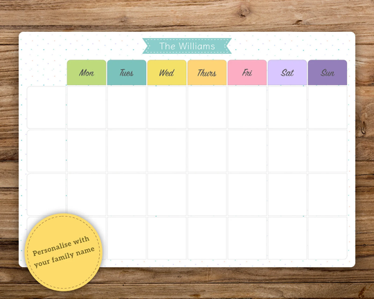 Personalised Dry Wipe Whiteboard, Large A3 Rainbow 4-Weekly Family Planner