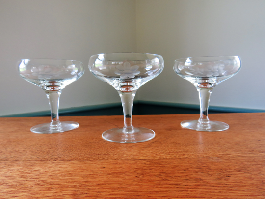 Set 3 Champagne Coupes, Mid Century Modern, Etched Floral Blown Glass