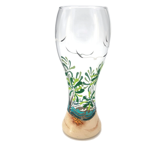 Tropical Scene Tall Beer Glass - Hand Painted Beach Theme Palm Trees, Waves, Sparkly Sand, Seagulls Pint, Pilsner