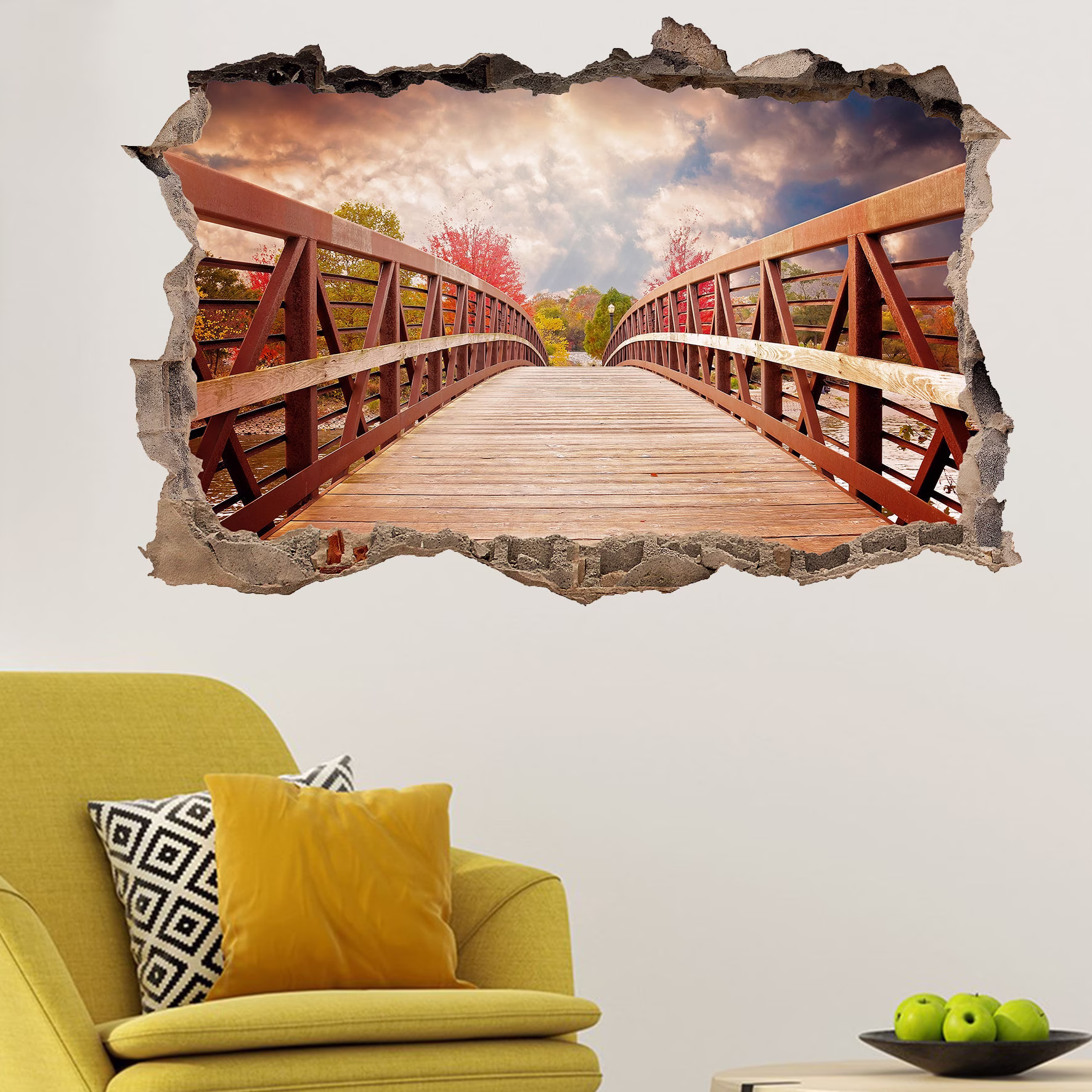 Autumn Forest River Wooden Bridge Wall Sticker Art Poster Mural Transfer Decal Print Room Home Nursery Office Shop Decor Id538