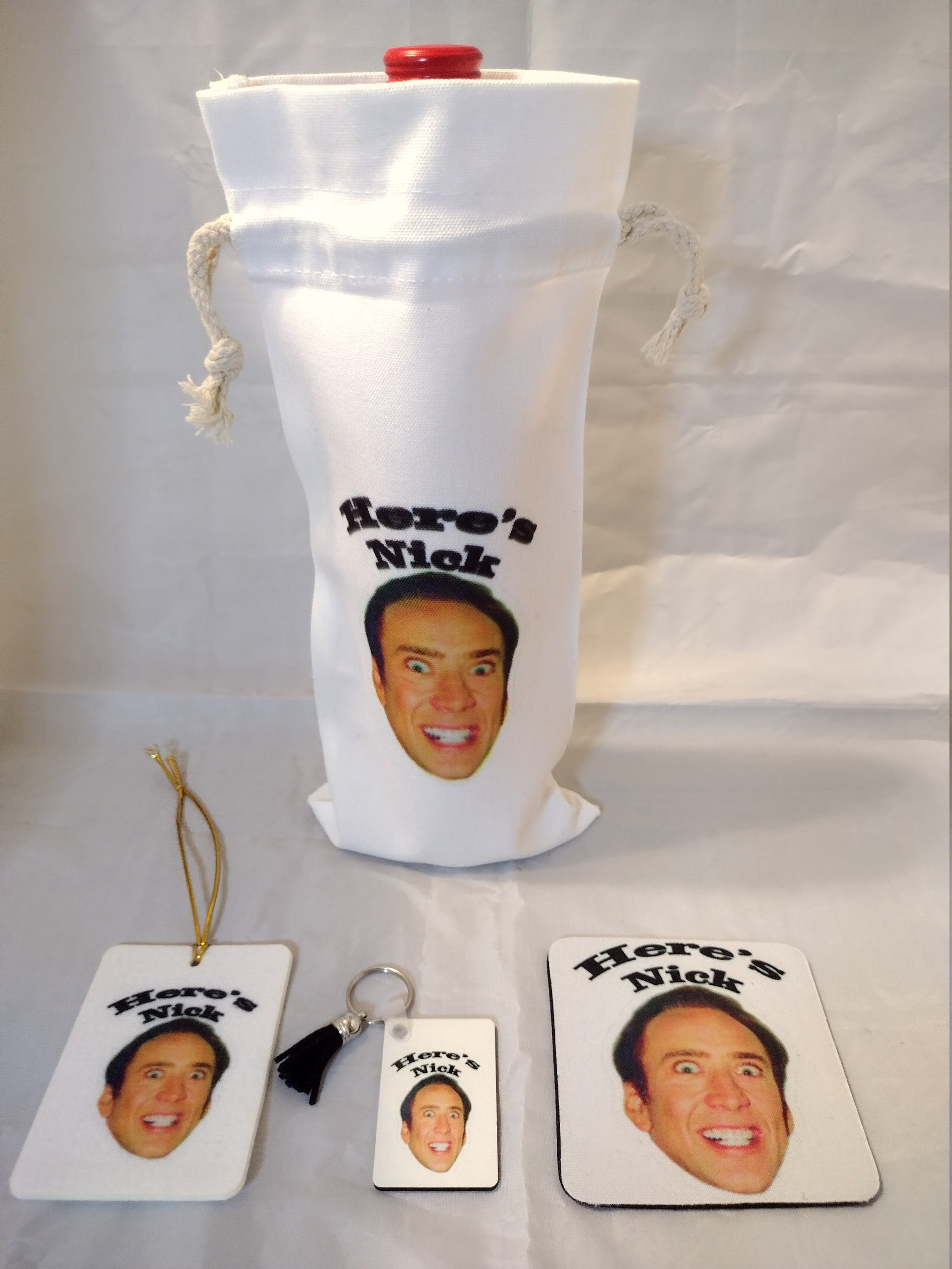 Nicolas Cage Gift Box, Coaster, Nicholas Air Freshner, Key Chain, Nicolas Gift, Wine