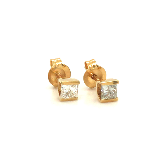 18Ct Yellow Gold Princess Cut Diamond Earrings, Stud Handmade, UK Hallmark, Weight 0.33Ct | 1/3Ct