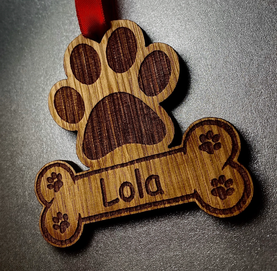 Personalised Oak Dog Christmas Tree Decoration Name Wooden Paw Print Puppy