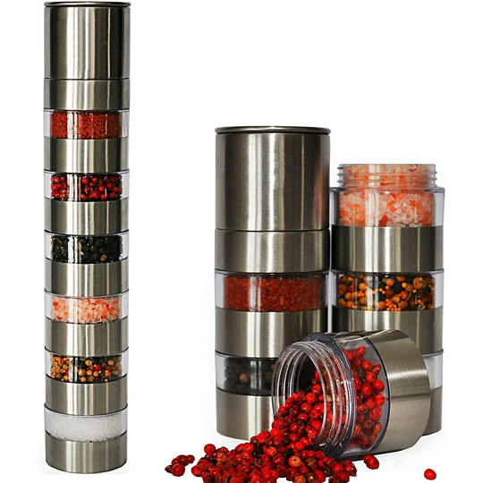 Stainless Steel Spice Grinder Set | 6 Jar Salt And Pepper Shaker Set | Adjustable Ceramic Grinder In Clear Acrylic Body - Easy Fill Design | Salt Pepp